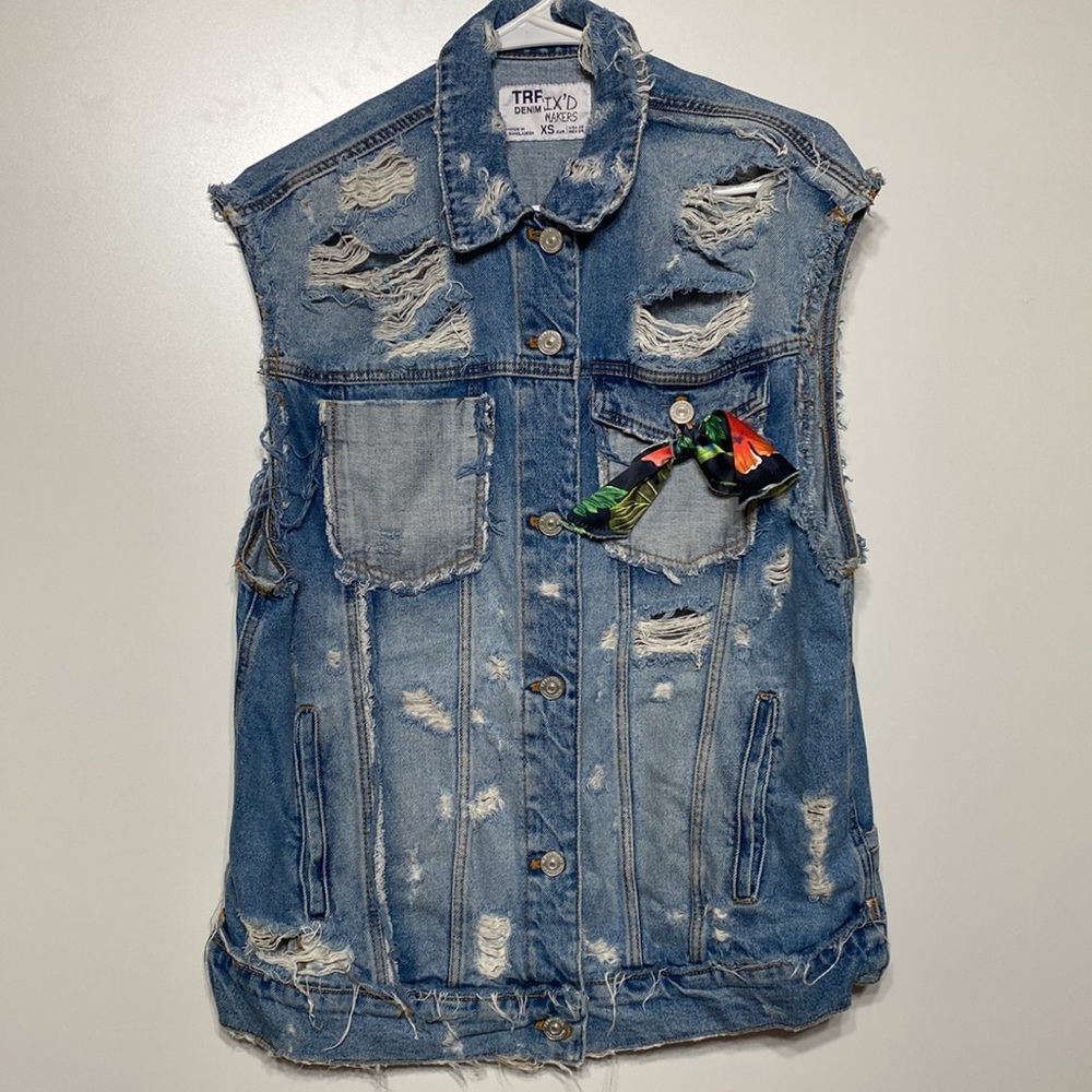 Oversized Distressed Denim Vest with Floral Back - Picture 17 of 17
